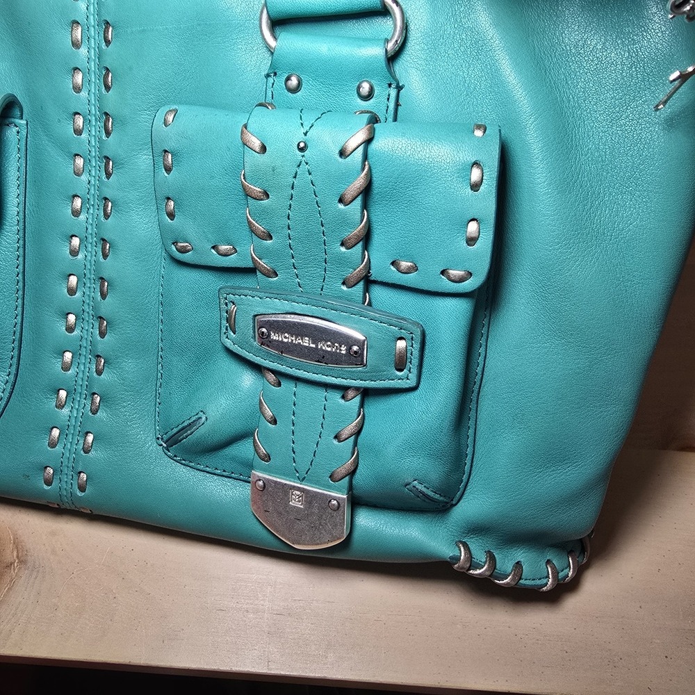 Vtg Y2k Rare Michael Kors Teal Woven Whipstitch Leather Satchel Shoulder Handbag - Picture 13 of 15
